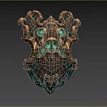 Ornate Fantasy Shield With Intricate Metal Carvings And Green Glowing Gems