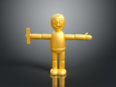 Golden Articulated Figure 3D Rendered With Smiling Face And Extended Arms 3d model
