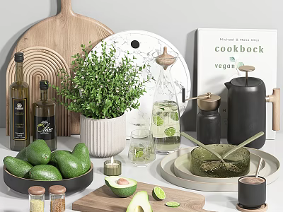 Vegan Cooking Dinnerware Set With Avocados Herb Plant Wooden Cutting Board And Glass Bottles 3d model