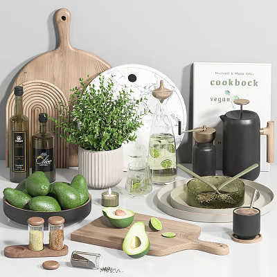 Vegan Cooking Dinnerware Set With Avocados Herb Plant Wooden Cutting Board And Glass Bottles 3d model
