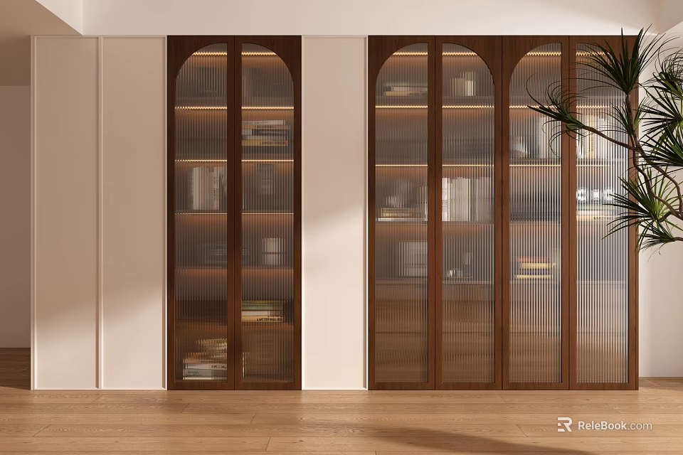 Modern Wooden Bookcase With Glass Doors And Decorative Books 3d model 