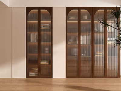 Modern Wooden Bookcase With Glass Doors And Decorative Books 3d model