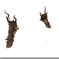 Pair of Ancient Metal Arm Weapons With Decorative Horns And Red Straps
