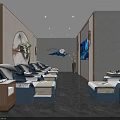 Elegant SPA Sauna Interior Design With Massage Beds Wall TV Windows Decorative Lights And Plants