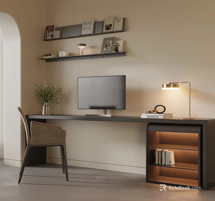 Modern Home Office Desk With Computer Monitor Table Lamp Chair Wall Shelves And Potted Plant 3d model 
