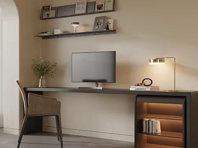 Modern Home Office Desk With Computer Monitor Table Lamp Chair Wall Shelves And Potted Plant 3d model