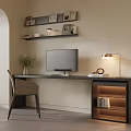 Modern Home Office Desk With Computer Monitor Table Lamp Chair Wall Shelves And Potted Plant