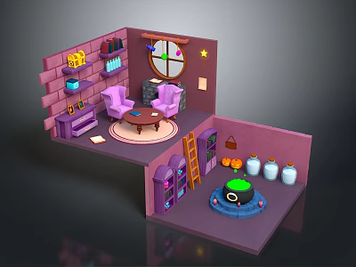 Witchs Room Interior With Pink Brick Walls Round Window Purple Armchairs Bookshelf Ladder And Cauldron 3d model