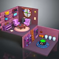 Witchs Room Interior With Pink Brick Walls Round Window Purple Armchairs Bookshelf Ladder And Cauldron