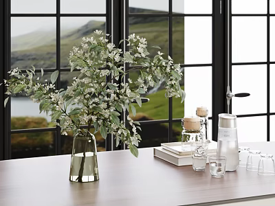 Glass Vase With Green Leaves And White Flowers On Wooden Table By Large Windows Mountain View 3d model