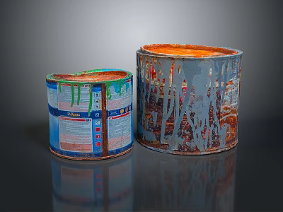 Household Paint Cans with Spilled Green Orange Paint and Colorful Labels on Reflective Surface 3d model