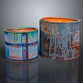 Household Paint Cans with Spilled Green Orange Paint and Colorful Labels on Reflective Surface