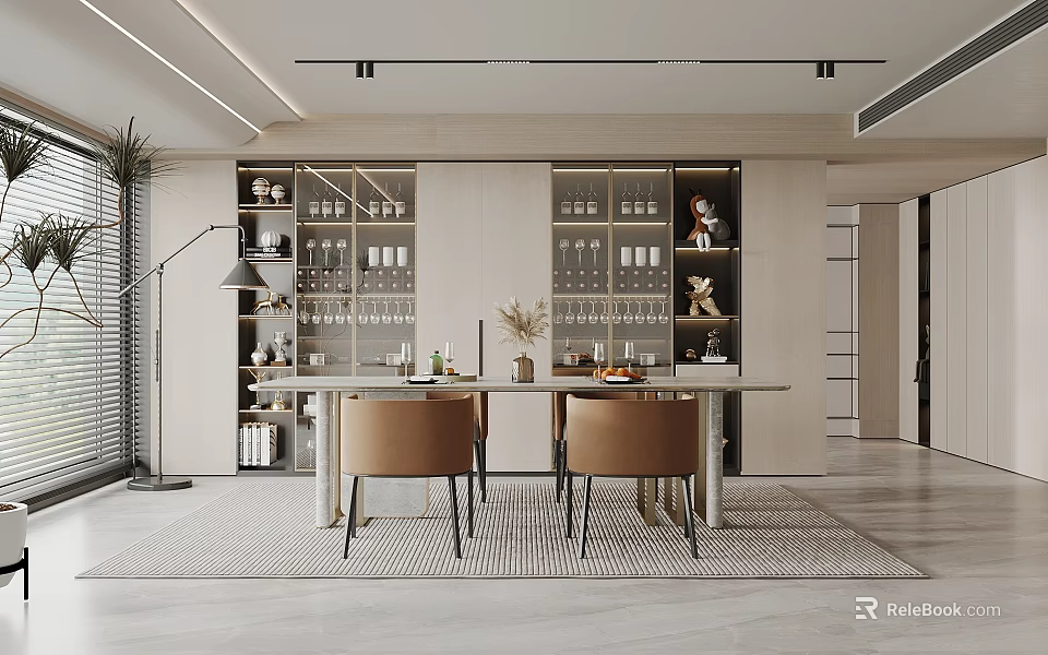 Modern Open Concept Restaurant Interior With Dining Table Chairs And Decorative Wine Cabinet 3d model