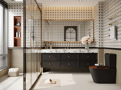 Modern Bathroom Interior With Tiled Walls Large Mirror Black Vanity And Marble Countertop 3d model