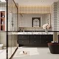 Modern Bathroom Interior With Tiled Walls Large Mirror Black Vanity And Marble Countertop