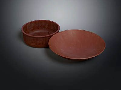 Hand Carved Terracotta Bowls And Plates With Rustic Brown Surface Design 3d model