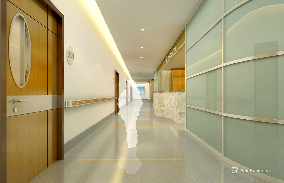 Modern Hospital Corridor With Wooden Doors Glass Partitions And Marble Reception Desk 3d model 