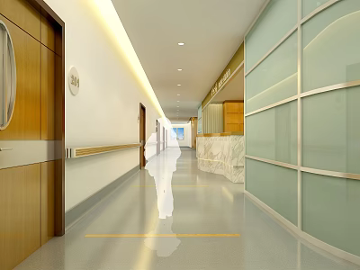 Modern Hospital Corridor With Wooden Doors Glass Partitions And Marble Reception Desk 3d model