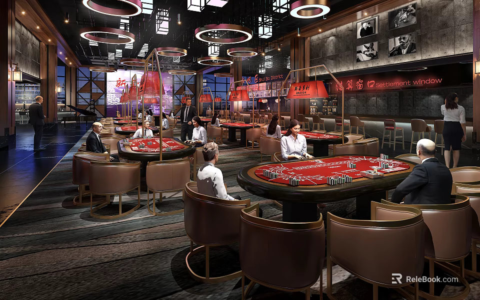 Luxury Casino Interior With Gaming Tables People Playing And Modern Lighting 3d model 