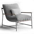 Modern Lounge Chair With Beige Cushions Black Metal Frame Wooden Armrests And Geometric Pattern Pillow