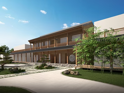Traditional Ancient Architecture Courtyard With Wooden Structure Stone Path And Green Plants 3d model