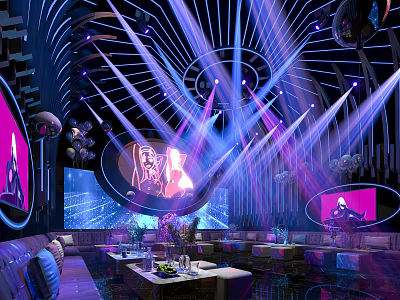 Modern KTV Interior Design Featuring Stage Lighting Sofas and Colorful LED Screens 3d model