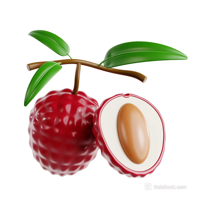 Whole And Cut Open Lychee Fruit With Seed Green Leaves And Branch 3d model 