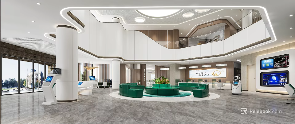 Modern Service Hall Design With Open Layout Circular Green Sofas White Walls And Marble Flooring 3d model