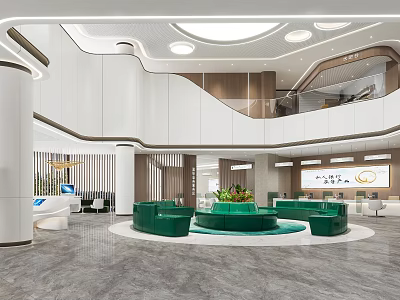 Modern Service Hall Design With Open Layout Circular Green Sofas White Walls And Marble Flooring 3d model