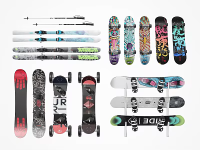 Various Colorful Sports Equipment Including Skis Skateboards Snowboards And Longboards 3d model