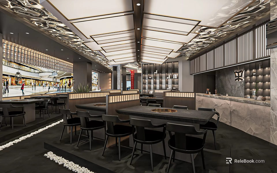 Modern Hotpot Restaurant Interior With Black Tables Chairs And Decorative Ceiling Design 3d model 