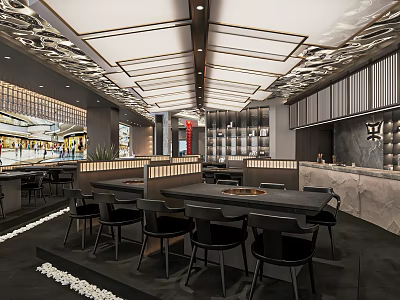 Modern Hotpot Restaurant Interior With Black Tables Chairs And Decorative Ceiling Design 3d model