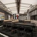 Modern Hotpot Restaurant Interior With Black Tables Chairs And Decorative Ceiling Design