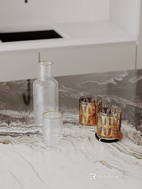 Elegant Transparent Glass Cups With Gold Rim On Marble Countertop Decorative Design 3d model 