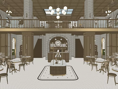 Commercial Street Interior With Two Floors Brick Walls Chandeliers Arched Doorways And Tables 3d model