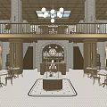 Commercial Street Interior With Two Floors Brick Walls Chandeliers Arched Doorways And Tables