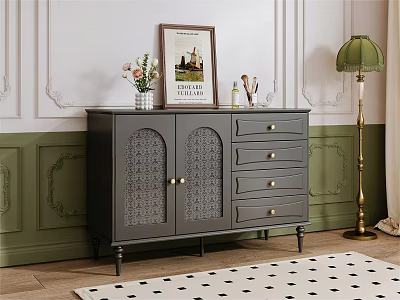 Gray Sideboard with Carved Doors Drawers and Black Legs on Green White Decorative Wall with Flowers Art 3d model