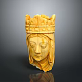 Handcrafted Wooden Female Head Sculpture With Ornate Crown And Detailed Features