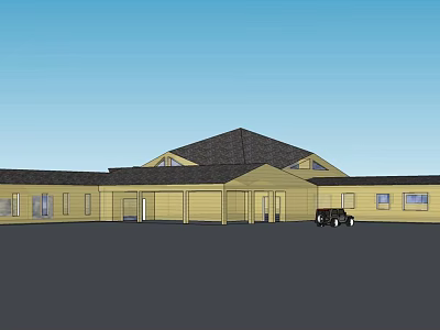 Yellow Exterior Residential Building With Dark Roof Windows And Car In Front 3d model