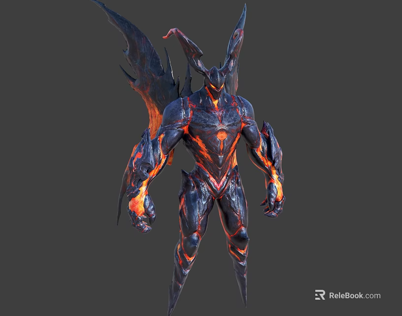 Demon Warrior Creature With Fiery Armor Black Wings Lava-like Details And Glowing Hands 3d model 