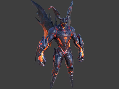 Demon Warrior Creature With Fiery Armor Black Wings Lava-like Details And Glowing Hands 3d model