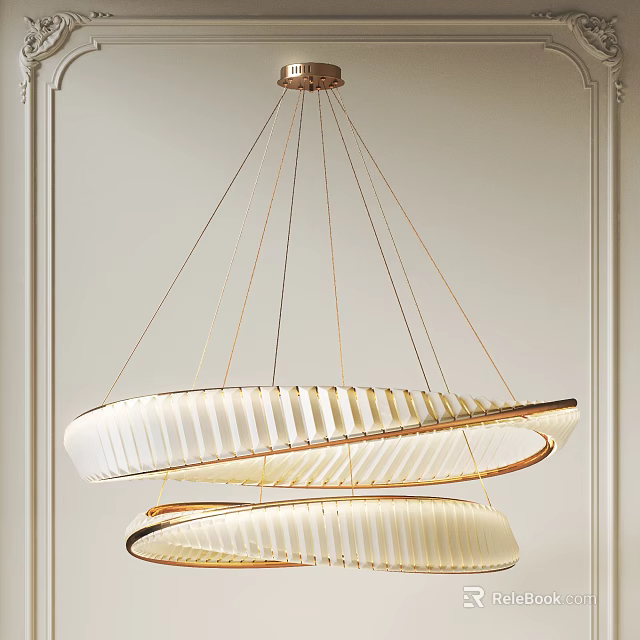 Minimalist Double Ring Chandelier With White Striped Design And Golden Hanging Wires 3d model 