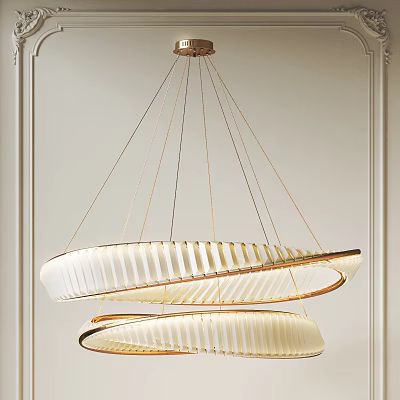 Minimalist Double Ring Chandelier With White Striped Design And Golden Hanging Wires 3d model