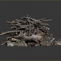 Rustic Wood and Stone Mixed Pile with Branches Logs and Stone Pieces