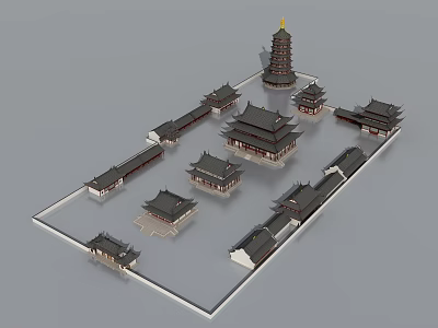 Ancient Chinese Architecture Complex With Traditional Tower Courtyard And Classic Roof Structures 3d model