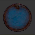 Rusty Blue And Red Oil Barrel With White Stripe On Dark Background