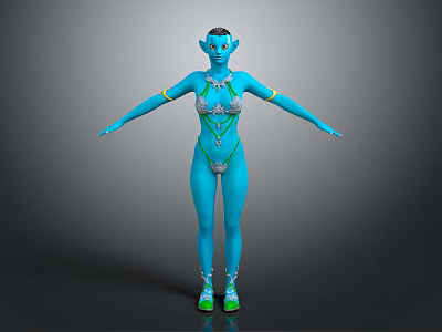 Blue Skinned Fantasy Character As Mythical Creature With Ornamental Outfit Green Shoes And Arm Decorations 3d model