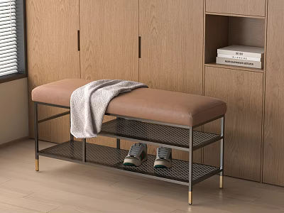 Modern Entryway Bench With Gray Blanket And Shoes Under Wooden Cabinet 3d model