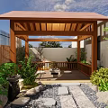 Courtyard Garden Design With Wooden Pavilion Stone Path Green Plants And Outdoor Dining Set