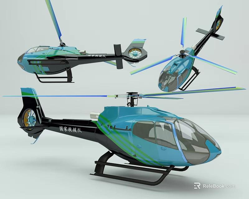 Three Modern Teal and Black Helicopters with Sleek Aerodynamic Fuselage and Rotors 3d model 